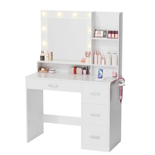 Furmax Vanity Desk with LED Lighted Mirror&Power Outlet, 39.3’’ Makeup Vanity Table with 4 Drawers and 3 Storage Shelves, Adjustable 3 Lighting Color for Bedroom&Dressing Room (White) Furmax