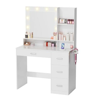 Furmax Vanity Desk with LED Lighted Mirror&Power Outlet, 39.3’’ Makeup Vanity Table with 4 Drawers and 3 Storage Shelves, Adjustable 3 Lighting Color for Bedroom&Dressing Room (White)