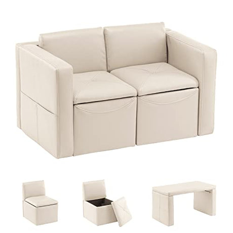 UNICOO –Kids Sofa, 2-in-1 Double Set Sofa Convert to Table & 2 Chairs, Children Boys Girls Couch Armrest Chair with Storage Box (ZKL-111K-Beige) UNICOO