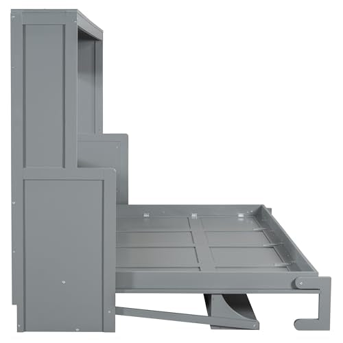 Merax Queen Horizontal Murphy Bed with Hydraulic Lift & Desk, Wood Grey Murphy Bed Cabinet Folding Murphy Chest Bed Queen Size Adults Murphy Bed Merax