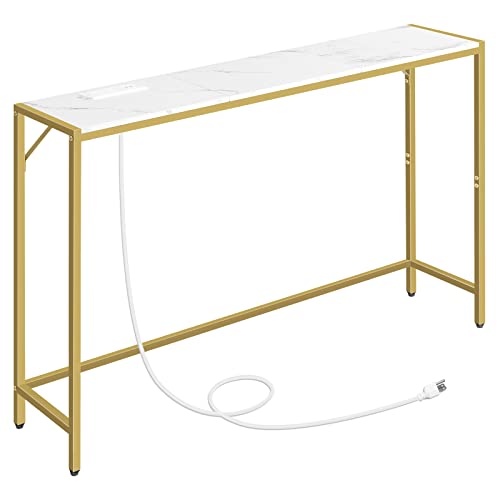 MAHANCRIS Console Table, Narrow Sofa Table, 43.3” Entrance Table with Power Station, Behind Couch Table, Simple Style, for Living Room, Hallway, Entryway, Foyer, Marble and Gold CTJM112E01 MAHANCRIS