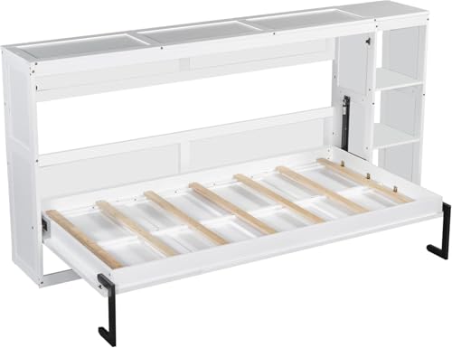 Virubi Twin Horizontal Murphy Bed with Storage Shelves,Wood Fold Up Modern Murphy Wall Bed Cabinet with Storage Bookcase for Adults (White,Twin) Virubi