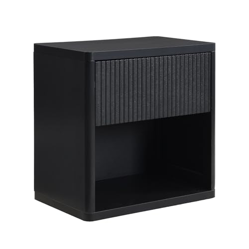 22.8" W Black Fluted Nightstand with 2 Drawers, Mid Century Modern Nightstand with Hidden Drawers, Large Night Stand, Accent End Table, Bedside Table with Open Shelf, Curved Profile Design XIAO WEI