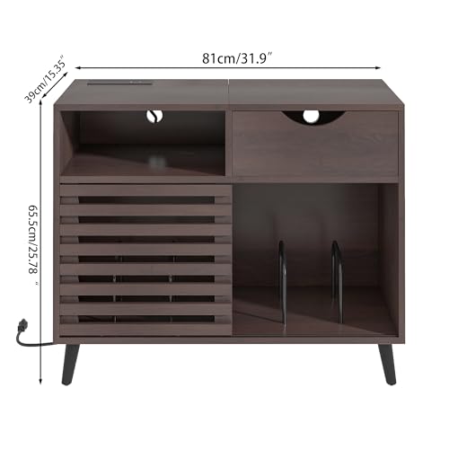 Lisicues Record Player Stand, Vinyl Record Cabinet with Power Outlet Holds Up to 200 Albums, Turntable Stand Table, Fluted Sliding Door, Living Room(Walnut) Lisicues