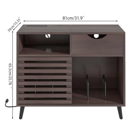 Lisicues Record Player Stand, Vinyl Record Cabinet with Power Outlet Holds Up to 200 Albums, Turntable Stand Table, Fluted Sliding Door, Living Room(Walnut) Lisicues