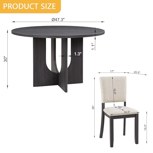 JIJIWANG 47.3" Round Dining Set with 4 Upholstered Dining Chairs, Modern Dining Table Set for 4, 5-Piece Round Dining Table Set for Living Room, Kitchen, Antique Black & Beige JIJIWANG