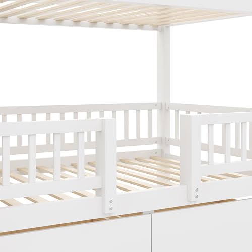 Merax Bunk Bed Twin Size with Drawers, Slide and Storage Stairs, Solid Wood Bunk Bed Frame with Fence for Kids Teens, No Spring Box Required, No Squeaks,White Merax