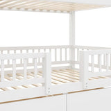 Merax Bunk Bed Twin Size with Drawers, Slide and Storage Stairs, Solid Wood Bunk Bed Frame with Fence for Kids Teens, No Spring Box Required, No Squeaks,White Merax