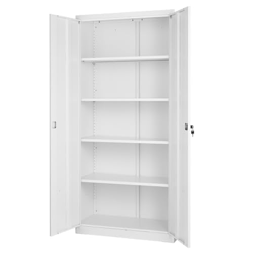 VEVOR Metal Storage Cabinet, Lockable Steel Garage Cabinet with Adjustable Shelves, 2 Magnetic Doors, 2 Keys, 5-Tiers Tool Storage Locker for Home, Office, School, Warehouse, Basement, Laundry, White VEVOR