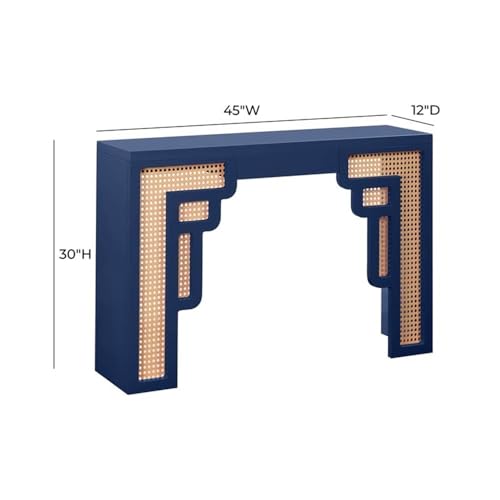 Pemberly Row Rattan Console Table, Navy Finish, Handmade Wood Construction, Transitional Art Deco Style, Rounded Edges, Woven Rattan Accents, Contemporary Living Room or Hallway Furniture Pemberly Row