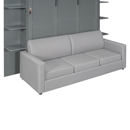 Merax Queen Size Murphy with Sofa and Shelves for Bedroom or Guestroom Wall Bed Space Saving Hidden Bed,No Need Fix to The Wall,Gray Merax