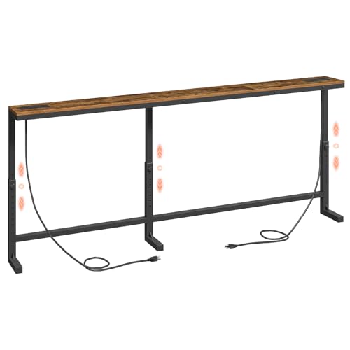 MAHANCRIS 78.7'' Narrow Console Table with Adjustable Height (24.3"-32.7") & 2 Power Outlets, Skinny Sofa Table Behind Couch, L-Shaped Long Entryway Table for Living Room, Rustic Brown CTHR820E01 MAHANCRIS