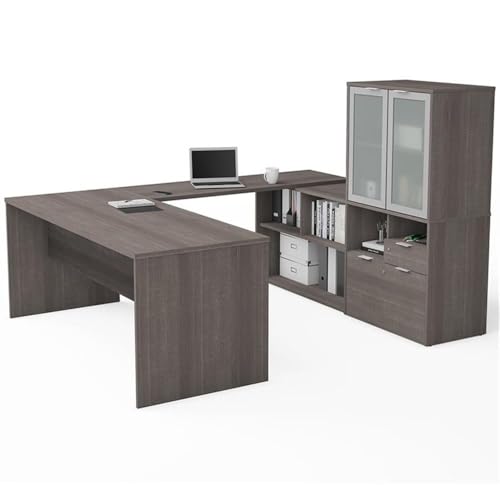 Bestar i3 Plus 72W U-Shaped Executive Desk with Frosted Glass Doors Hutch in bark Grey Bestar