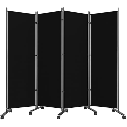 SUNALLY Room Divider 6FT Folding Privacy Screens with Lockable Wheels, 4 Panel Room Partition for Room Separator, 88" W Freestanding Portable Fabric Wall Dividers for Home Dorm Studio Office, Black SUNALLY
