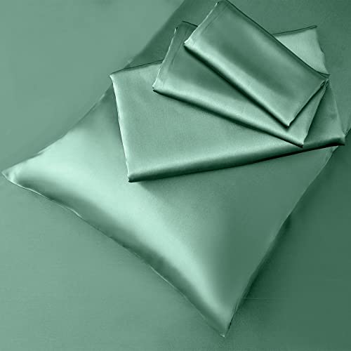 Manyshofu Satin Queen Sheets 4 Piece Set - Luxury Cooling Bedding Set, Sage Green - Fitted Sheet, Flat Sheet, 2 Pillow Cases Manyshofu