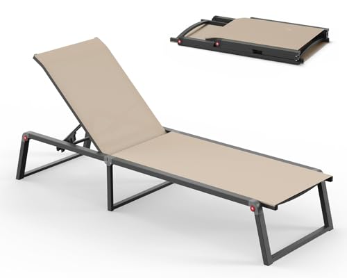 Oasbira Aluminum Chaise Lounge Chair Outdoor, Foldable & No Assembly Patio Pool Lounge Chairs 5-Position Recliner for Outside Poolside, Fully Grounded Legs Sun Lounger for Beach, Yard, Khaki