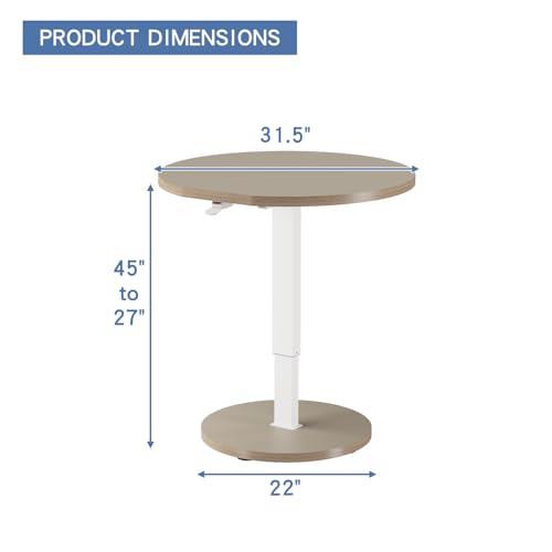 bilbil Round Pneumatic Adjustable Standing Desk, Space-Saving Circular Design with Locking Casters, Mobile Workstation for Home Office, Height-Adjustable Overbed Table, 31.5 Inch, Khaki Finish bilbil