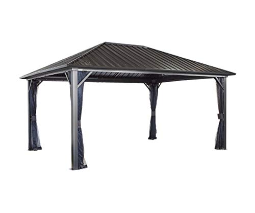 Sojag 12' x 16' Genova II Hardtop Gazebo Outdoor Weather-Resistant Aluminum Frame Shelter with Mosquito Net Black,Brown - WoodArtSupply