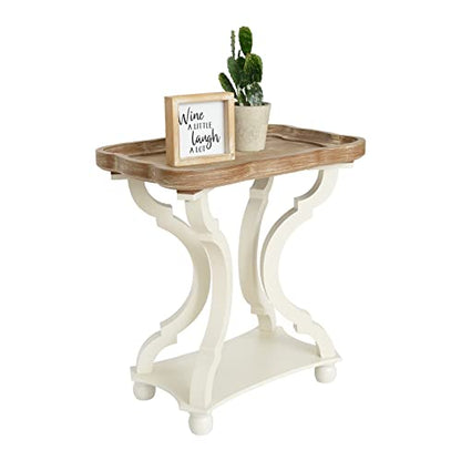 Elesuli Accent Wood End Table Side Tables Nightstand Natural Tray Top and Distressed Carved Legs for Bedroom Living Room, White