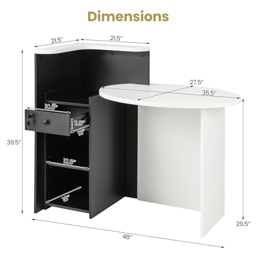 Giantex Reception Desk, Front Counter Desk with Lockable Drawer, Checkout Table with Round Tabletop, Corner Shelf & Adjustable Shelf for Office Beauty Salon Retail Store (Black & White)