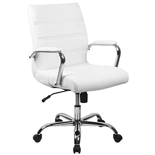 Flash Furniture Whitney Mid-Back Swivel LeatherSoft Desk Chair with Padded Seat and Armrests, Adjustable Height Padded Office Chair, White/Chrome Flash Furniture