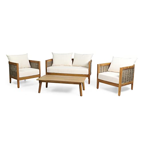 CHRISTOPHER KNIGHT HOME Burchett Outdoor 4pc Chat Set - Acacia Wood and Wicker - Teak/Mixed Brown/Beige Christopher Knight Home