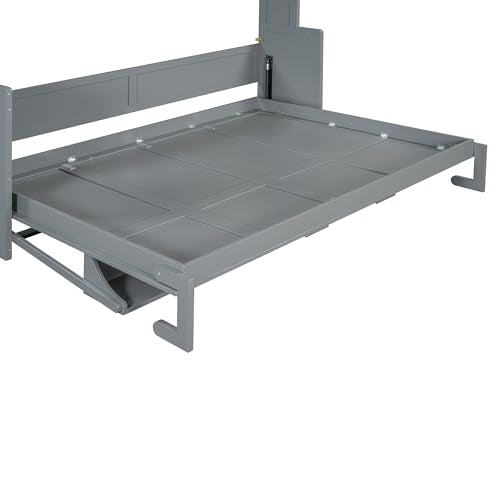 Ball & Cast Horizontal Murphy Bed Queen Size,Hidden Folding Wall Bed Frame with Hydraulic Lift&Desk,Wood Cabinet Platform Bed can be Folded into Desk,Space Saving for Bedroom,Guest Room,Gray Ball & Cast