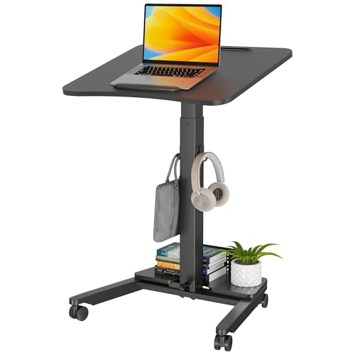 BONTEC Rolling Standing Desk, Tilting Desktop, Foot Pedal Height Adjustable, Small Mobile Portable Laptop Computer Workstation for Teacher Home Office with Storage Shelf, 2 Hooks, Wheels, Black BONTEC