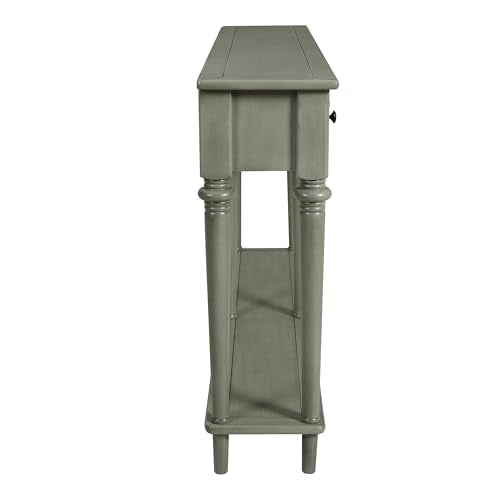 Knocbel Retro Console Table with 4 Drawers and Open Shelf, Vintage Sofa Tables with Slim Legs for Entryway Living Room 59.8" W x 11" D x 34" H Grey Wash Knocbel
