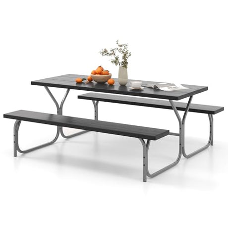 Giantex Picnic Table 6FT for 8 Person, Outdoor Table Set w/ 2 Benches, All-Weather HDPE Rectangular Tabletop, Heavy Duty Metal Legs, Umbrella Hole, for Patio Yard Lawn Party (Black) Giantex