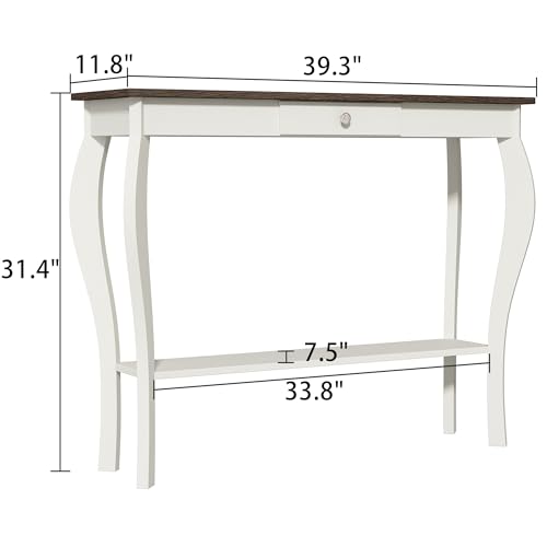 ChooChoo Narrow Farmhouse Console Table with Drawer, Chic Accent Sofa Entryway Table with Shelves for Entryway, Living Room, Hallway, Antique White &