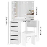 Knowfunn Corner Vanity Desk Set with 3-Folding Lighted Mirrors, Makeup Vanity Table with Charging Station, 5 Rotating Drawers and Storage Bench for Bedroom, White Knowfunn
