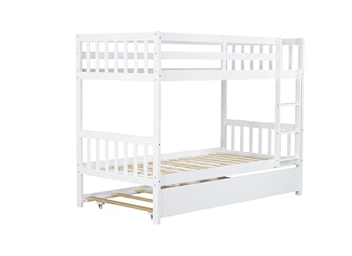 Twin Over Twin Bunk Bed with Trundle, Convertible into Two Twin Platform Beds, Wood Bed Frame with Ladder & Safety Guardrails, Space-Saving Design for Kids & Guests, No Box Spring Needed (White) XEPAMU