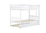 Twin Over Twin Bunk Bed with Trundle, Convertible into Two Twin Platform Beds, Wood Bed Frame with Ladder & Safety Guardrails, Space-Saving Design for Kids & Guests, No Box Spring Needed (White) XEPAMU