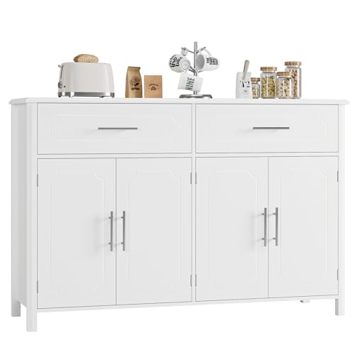 HOSATCK Buffet Sideboard Cabinet with Storage, White Coffee Bar Cabinet, Modern Kitchen Buffet Storage Cabinet with 2 Drawers & 4 Doors for Kitchen, Dining Room, Living Room, Entrway