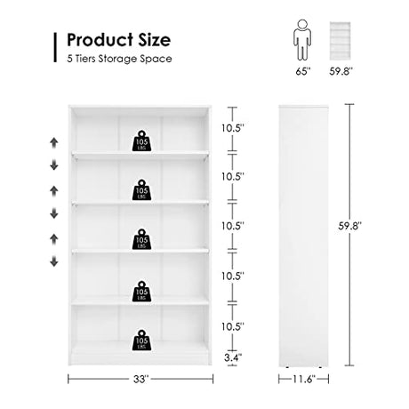 Farini Modern White 5-Tier Bookshelf - Adjustable Wood Bookcase for Bedroom, Office, or Living Room Farini