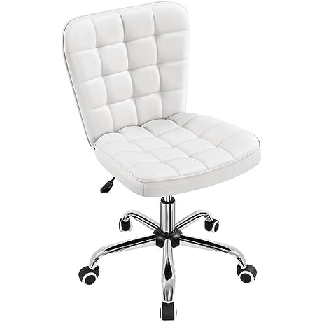 Yaheetech Armless Desk Chair Modern Tufted Office Chair Faux Leather Upholstered Computer Chair with Adjustable Seat Height and Rolling Wheels for Home/Office, White Yaheetech