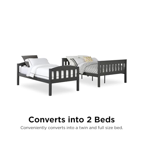 DHP Airlie Convertible Wood Bunk Bed Twin Over Full Size, Stackable and Detachable Bed Frames for Kids, Teens, Angled Ladder, High Guardrail, Wood Slats, No Boxspring Required, Grey DHP