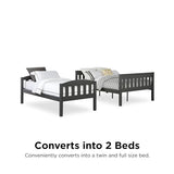 DHP Airlie Convertible Wood Bunk Bed Twin Over Full Size, Stackable and Detachable Bed Frames for Kids, Teens, Angled Ladder, High Guardrail, Wood Slats, No Boxspring Required, Grey DHP