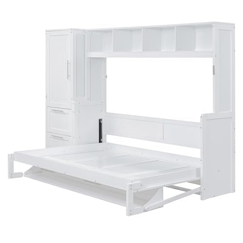 Harper & Bright Designs Queen Size Murphy Bed Wall Cabinet with Closet, Wood Space Saving Hidden Bed Frame Queen with Drawers, No Box Spring Needed, White Harper & Bright Designs