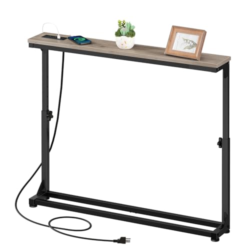 HOOBRO Narrow Console Table with Charging Station, Adjustable Height Sofa Table (25''-32.9''), Slim Behind Couch Table for Small Spaces, Entryway, Living Room, 39.4" Greige BG95UXG01 HOOBRO