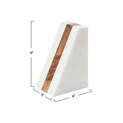 Main + Mesa Marble Geometric Bookends with Wood Inlay, White