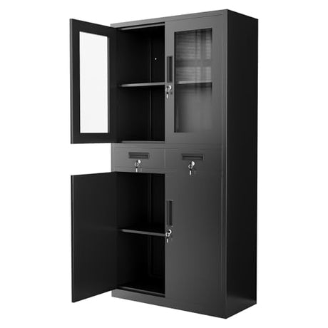 BouPower 71" Black Metal Storage Cabinet with Glass Doors, Garage Storage with 2 Drawers + 2 Adjustable Shelves, Heavy Duty Tool Cabinet with Locking Doors for School, Workshop, Office, Black BouPower
