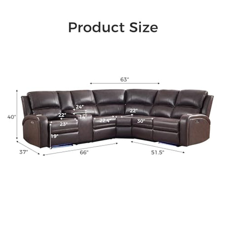 EBELLO Power Reclining Sectional Sofa with LED Light, Faux Leather Sectional Couch for Living Room, Modern Corner Furniture Sets with 2 Recliner Seats, Cup Holders, Storage Console, Brown EBELLO