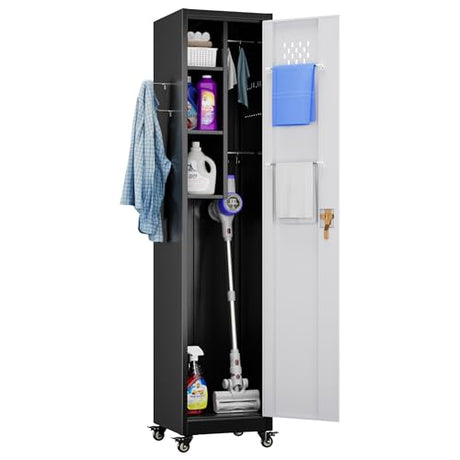 Aobabo 72" H Broom Closet Storage Cabinet, Lockable Metal Cleaning Storage Cabinet with Hooks for Home, Assembly Required Black Gray Aobabo