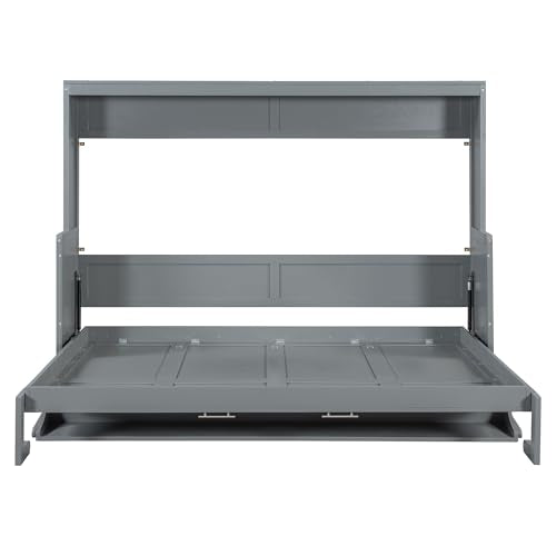 Merax Queen Horizontal Murphy Bed with Hydraulic Lift & Desk, Wood Grey Murphy Bed Cabinet Folding Murphy Chest Bed Queen Size Adults Murphy Bed Merax