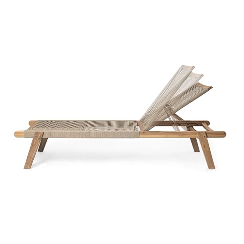 Christopher Knight Home Set of 2 Outdoor Patio Wood Adjustable Chaise Lounges with Rope Seating, Rope Chaise Lounge with Acacia Wood Frame, Chaise Lounge for Poolside, Balcony, Yard, Teak+Beige