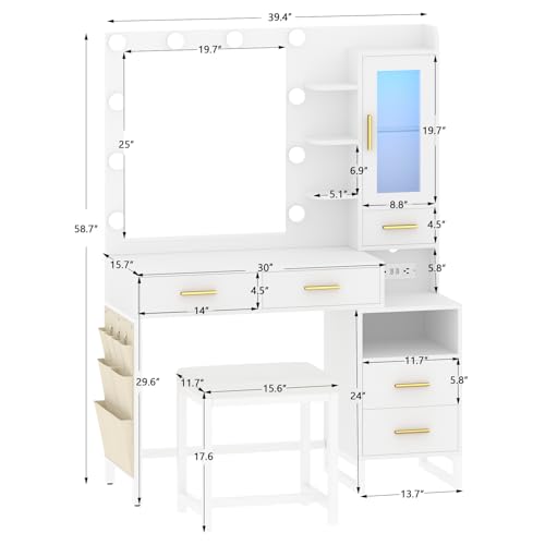 CSZZD Makeup Vanity Desk with Mirror and Lights, White Vanity Desk with Charging Station, LED Cabinet, 5 Drawers & Storage Bag, Vanity Mirror with Lights Desk and Chair, Vanity Table Set with Stool CSZZD
