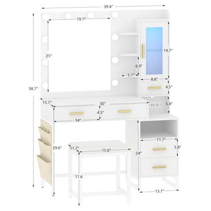 CSZZD Makeup Vanity Desk with Mirror and Lights, White Vanity Desk with Charging Station, LED Cabinet, 5 Drawers & Storage Bag, Vanity Mirror with Lights Desk and Chair, Vanity Table Set with - WoodArtSupply