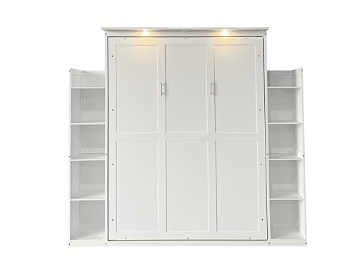 PVWIIK Queen Size Murphy Bed with 5-Tier Shelves and LED Lights,Foldable PlatformBed Vertical Wall Bedframe for Small Space,Bedroom,Living Room,White PVWIIK